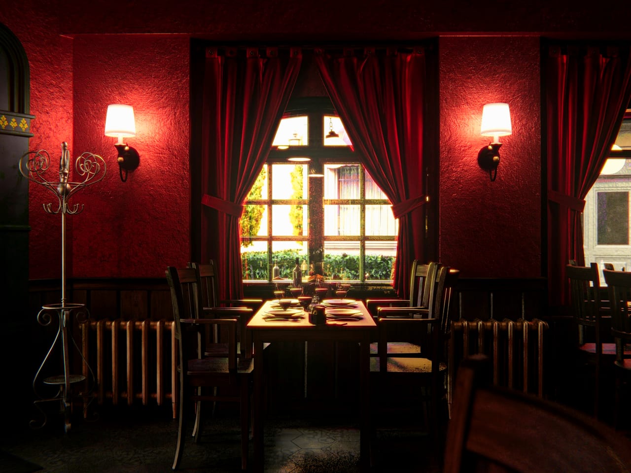 Salle de bistrot aux murs rouges, une table dressée près de la fenêtre
